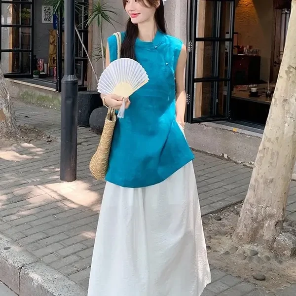 夏季中国风立领盘扣斜门襟无袖女衬衫洋气小衫