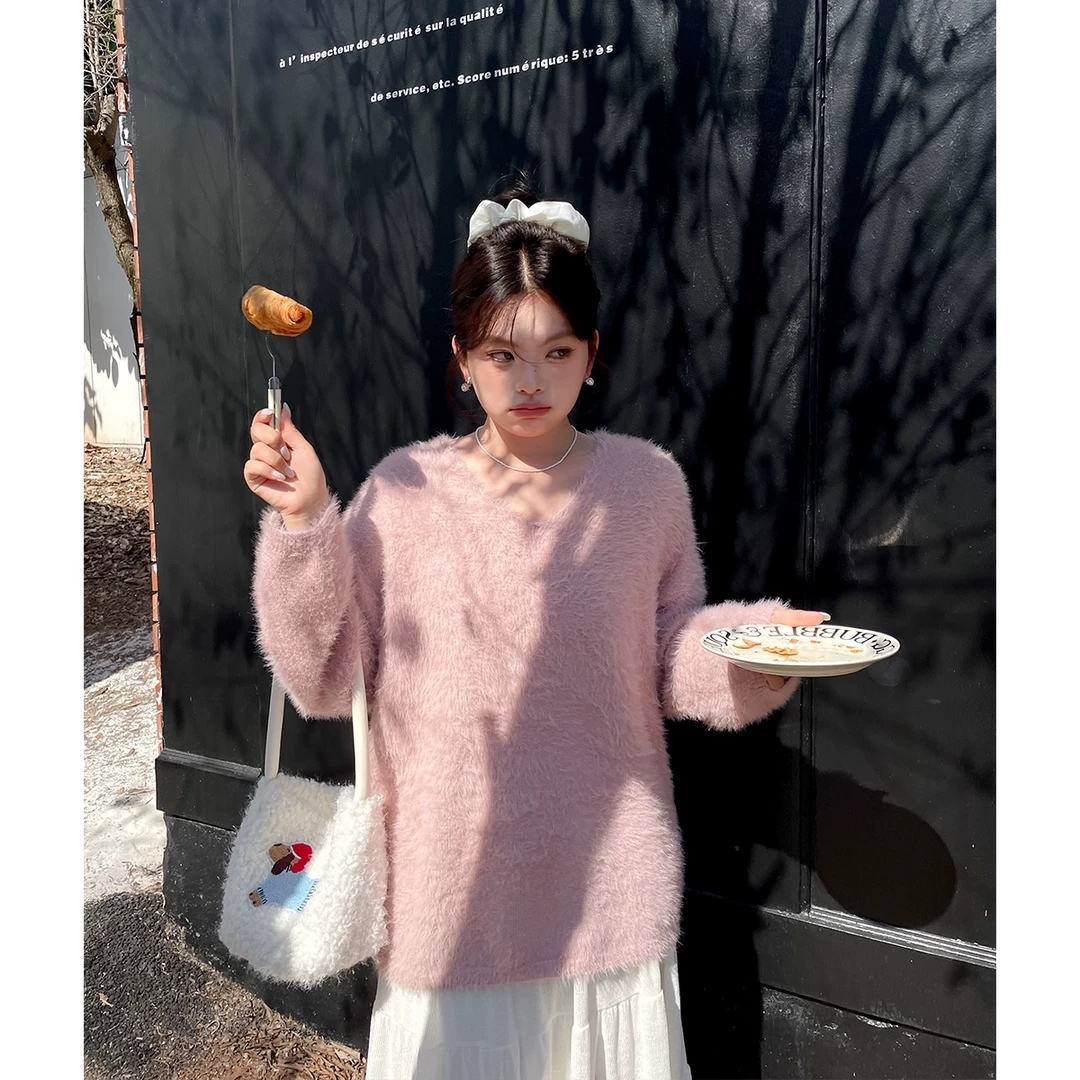 大码女装秋冬软糯毛衣胖mm慵懒风漂亮洋气v领上衣