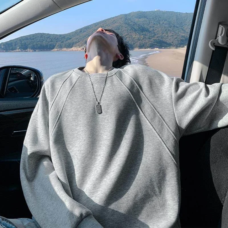 美式复古解构拼接圆领卫衣男高街重磅加肥加大码宽松长袖打底上衣