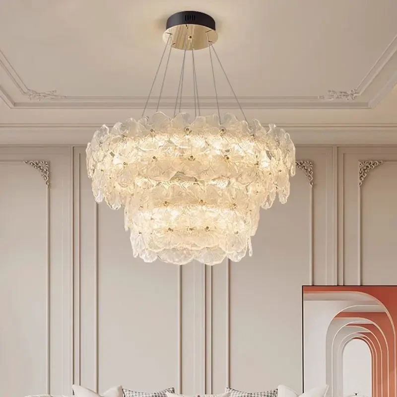 轻奢法式吊灯客厅全光谱护眼2025新款设计师艺术玻璃荷叶卧室吊灯