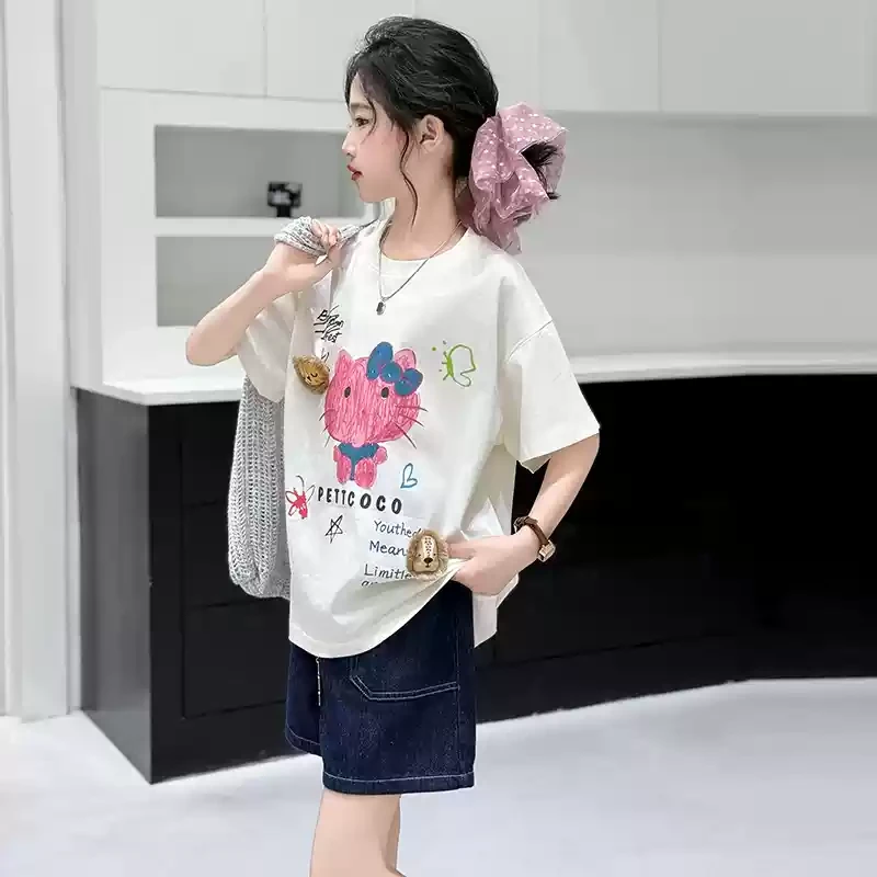 女童夏装2025新款洋气大童女孩纯棉短袖恤儿童夏日穿搭薄款上衣