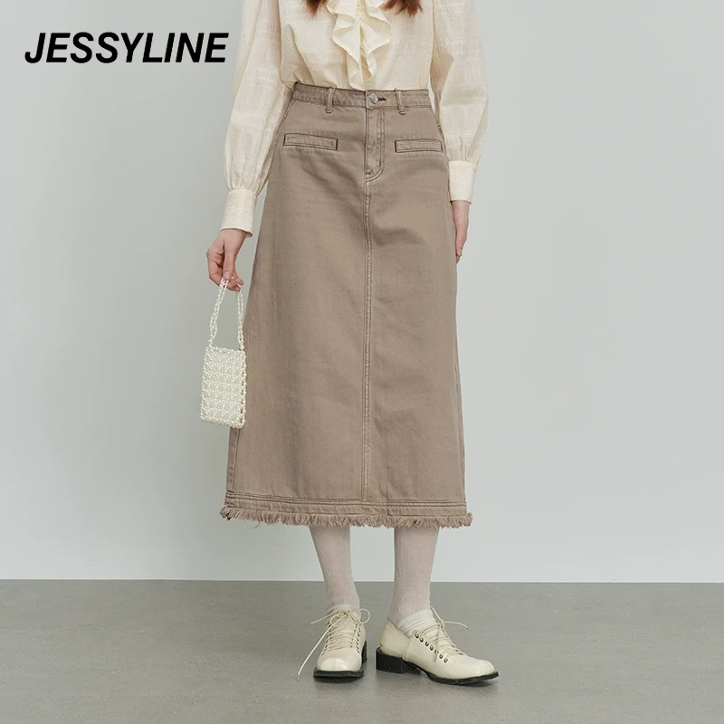 【程钱钱】jessyline春装新款 杰茜莱卡其色中长款a字牛仔半身裙女