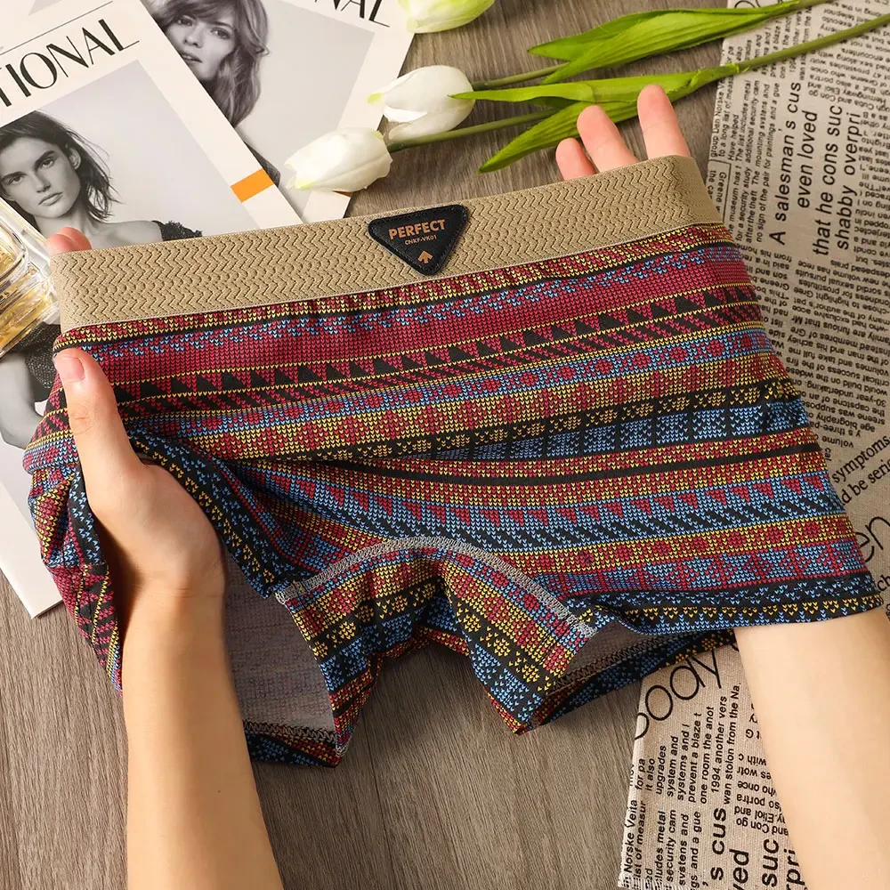 女士内裤纯棉复古民族风平角裤菱格印花柔软舒适透气潮流四角裤头