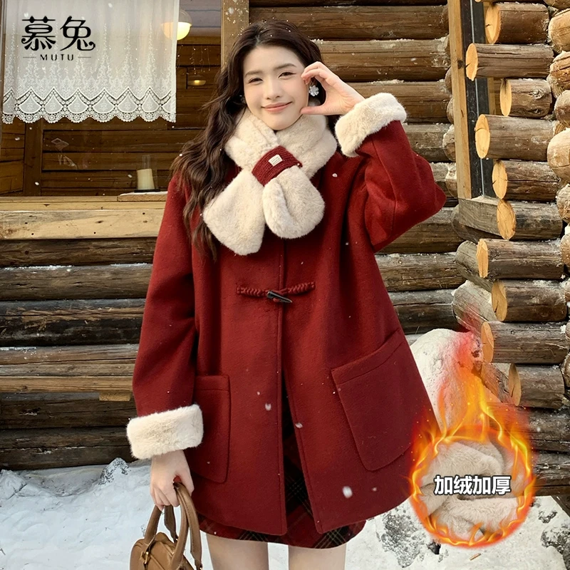 【带围脖】慕兔复古红色牛角扣毛呢外套女小个子加厚保暖呢子大衣