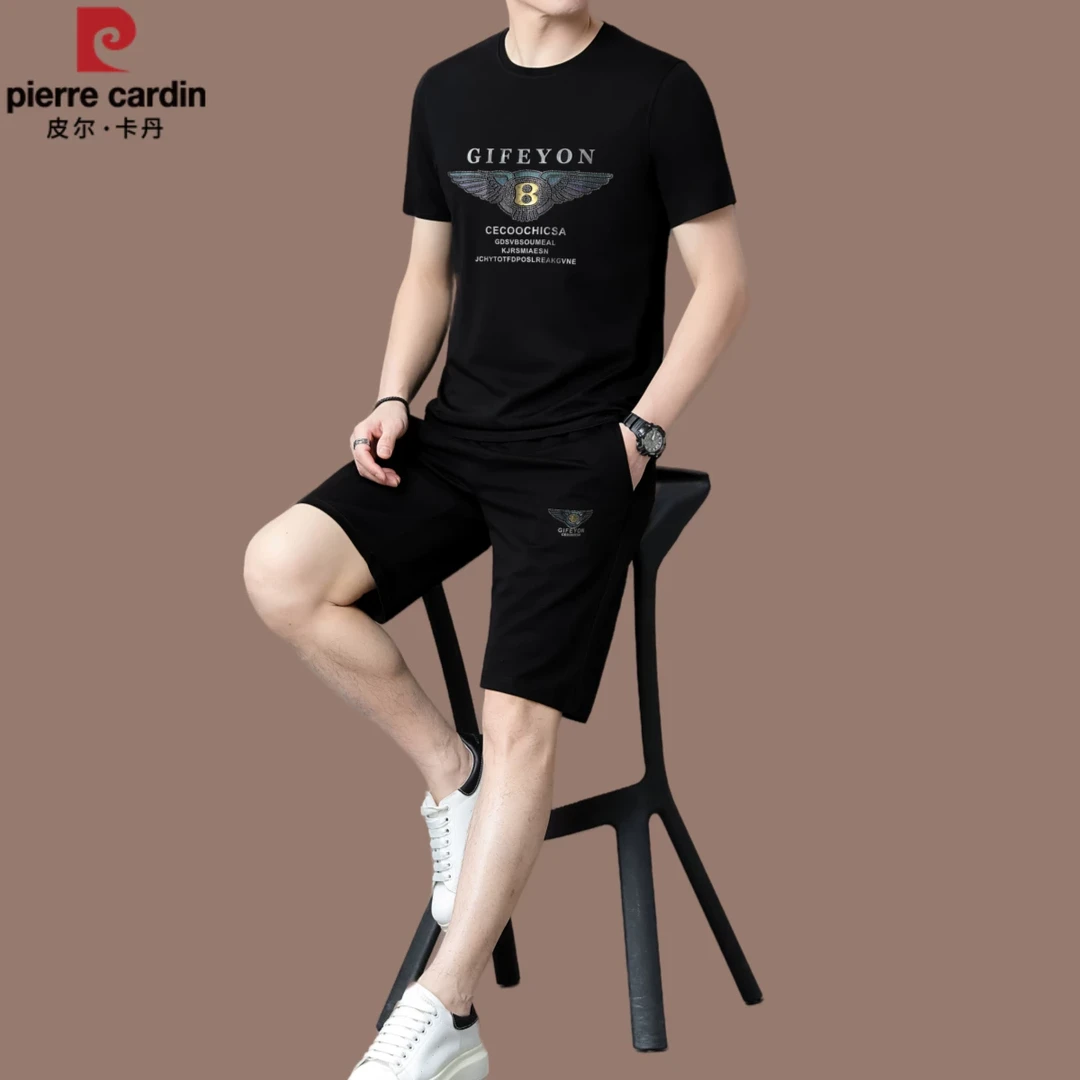 皮尔卡丹2025桑感冰丝男士高档休闲短裤套装短袖帅气运动夏季两件