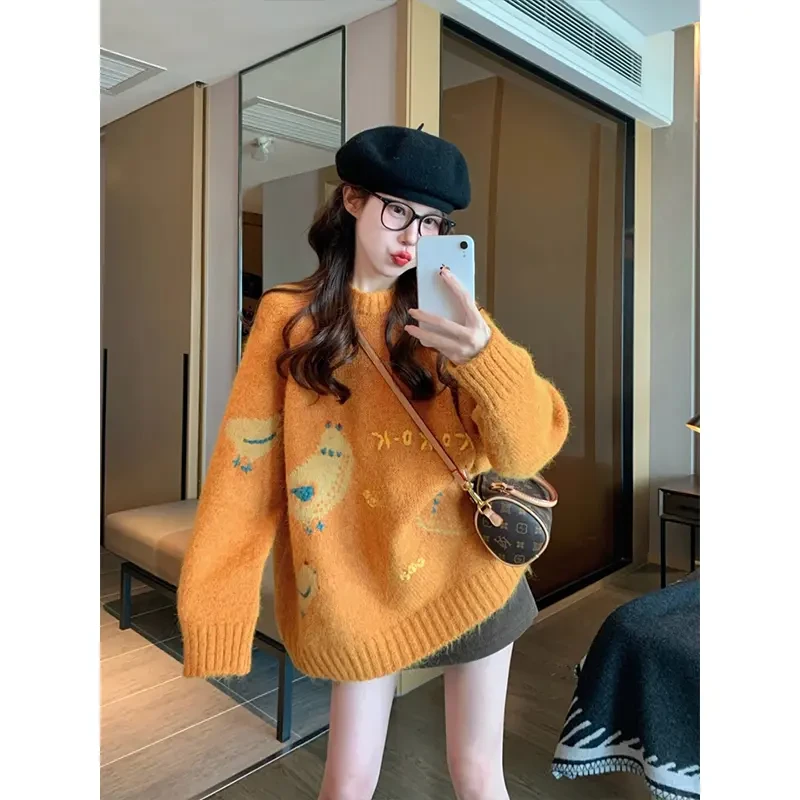 毛衣女款2025秋季新款休闲宽松慵懒风上衣软糯舒适圆领长袖针织衫