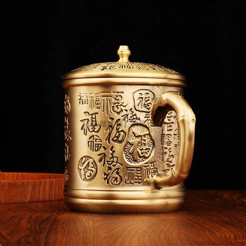 纯铜茶杯老式茶缸黄铜竹节百福杯大号带把带盖70年代喝茶杯茶水杯