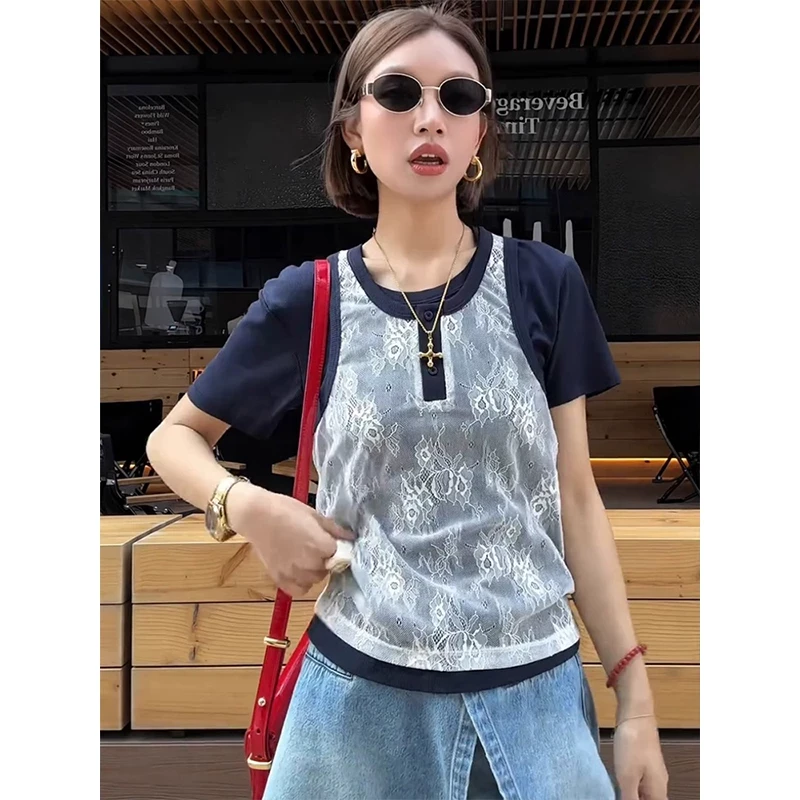 短袖t恤女款2025新款夏季爆款气质独特设计感蕾丝拼接假两件上衣