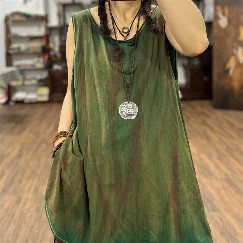 SX文艺麻棉彩染圆领百搭炫彩马甲背心春季新款宽松大码无袖坎肩