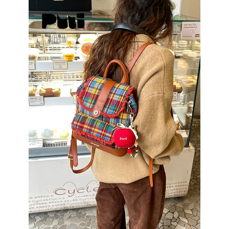 Puui原创生活双肩包秋冬复古格纹抽绳束口包质感ins双肩包