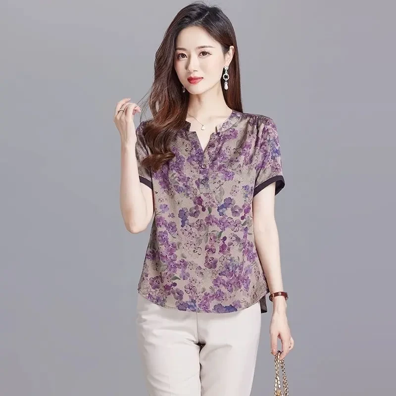 雪纺上衣女2025夏季新款短袖印花时尚百搭时尚显瘦上衣女
