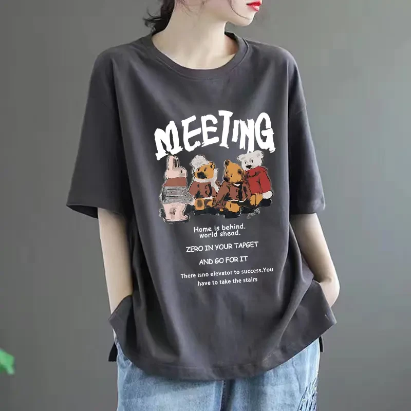 100%纯棉夏季宽松大码T恤女夏装圆领韩版ins百搭休闲时尚短袖上衣