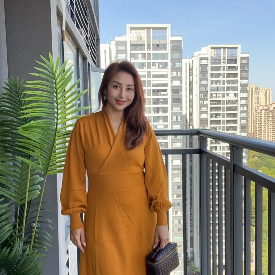 新款长袖长款韩版收腰气质修身显瘦棉针织连衣裙