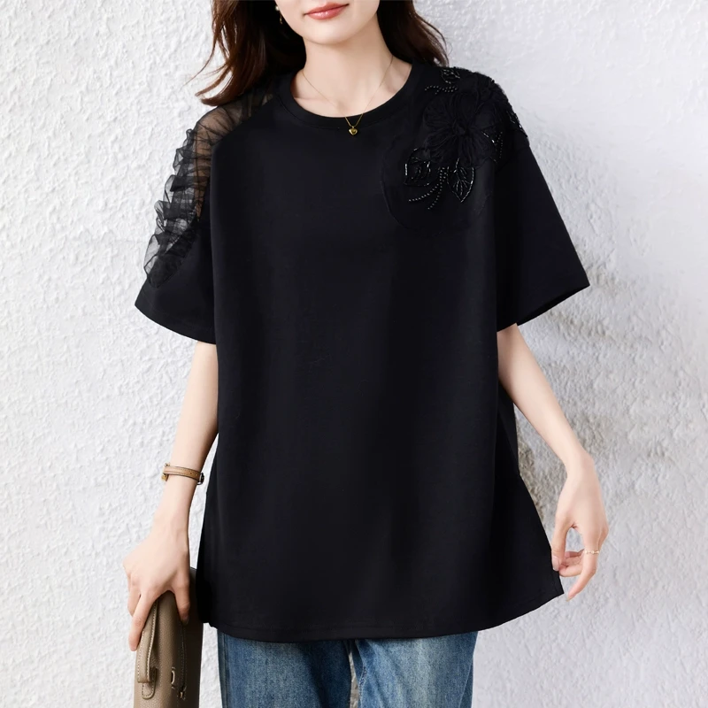 2025夏季黑色新款网纱t恤女短袖时尚大码宽松遮肚子显瘦钉珠上衣