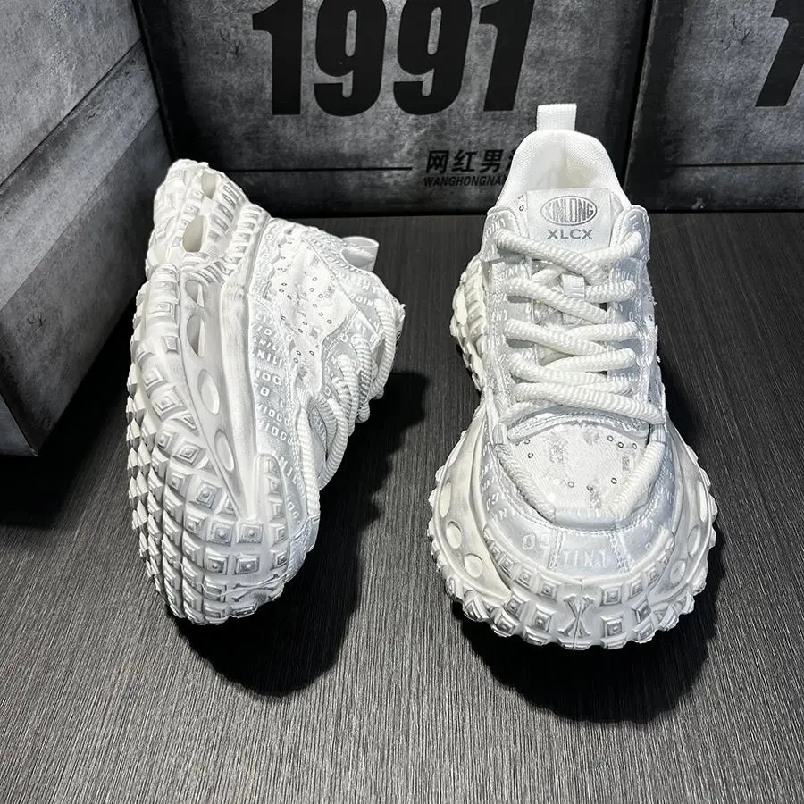 网红爆款鞋子百搭2025夏季新款潮流小白鞋厚底轮胎鞋做旧跑步鞋男