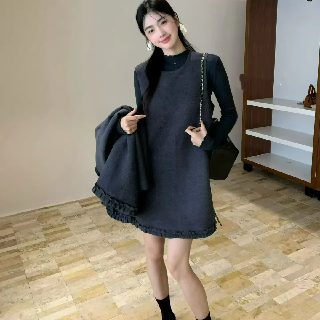 秋季新款韩版时尚宽松百搭毛呢圆领木耳边连衣裙+打底衫套装