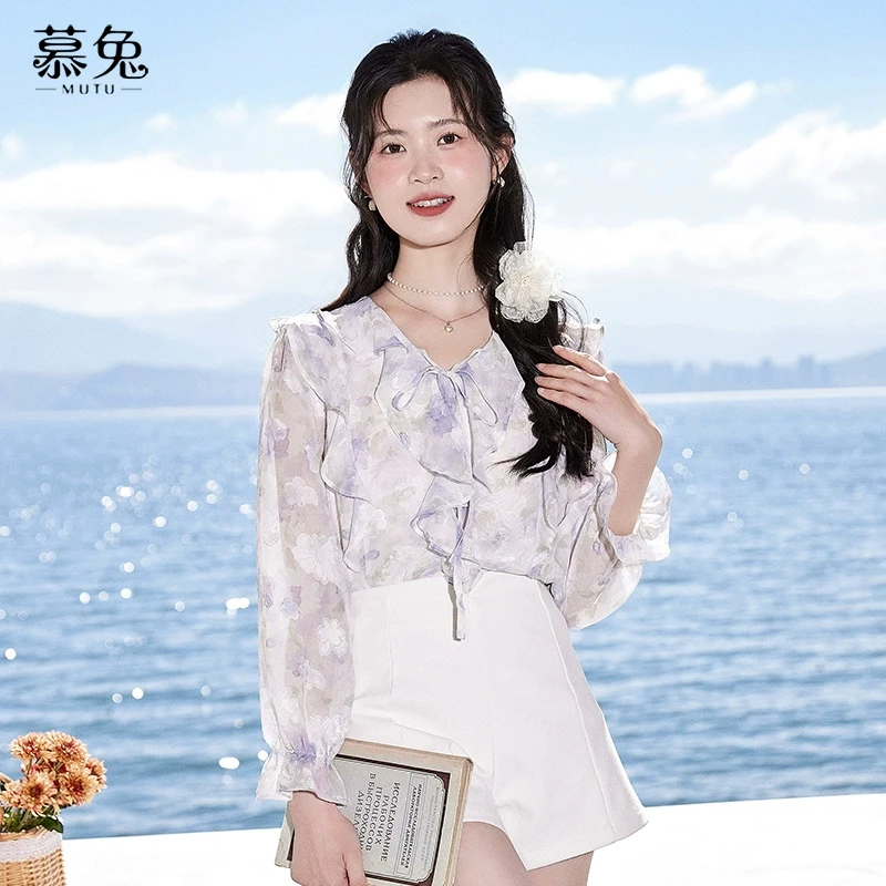 慕兔法式高级感碎花雪纺衬衫女2024夏季新款设计感小众荷叶边上衣