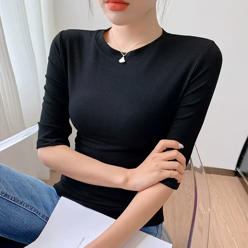 2025年春秋新款女装圆领半袖打底衫内搭洋气修身中袖t恤女上衣服