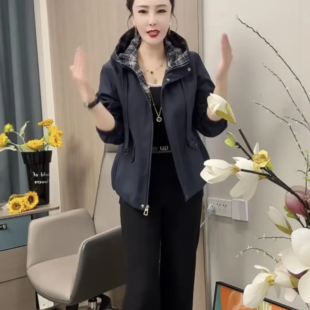 高品质时尚韩版拼接格子连帽休闲外套女百搭减龄宽松秋冬洋气上衣