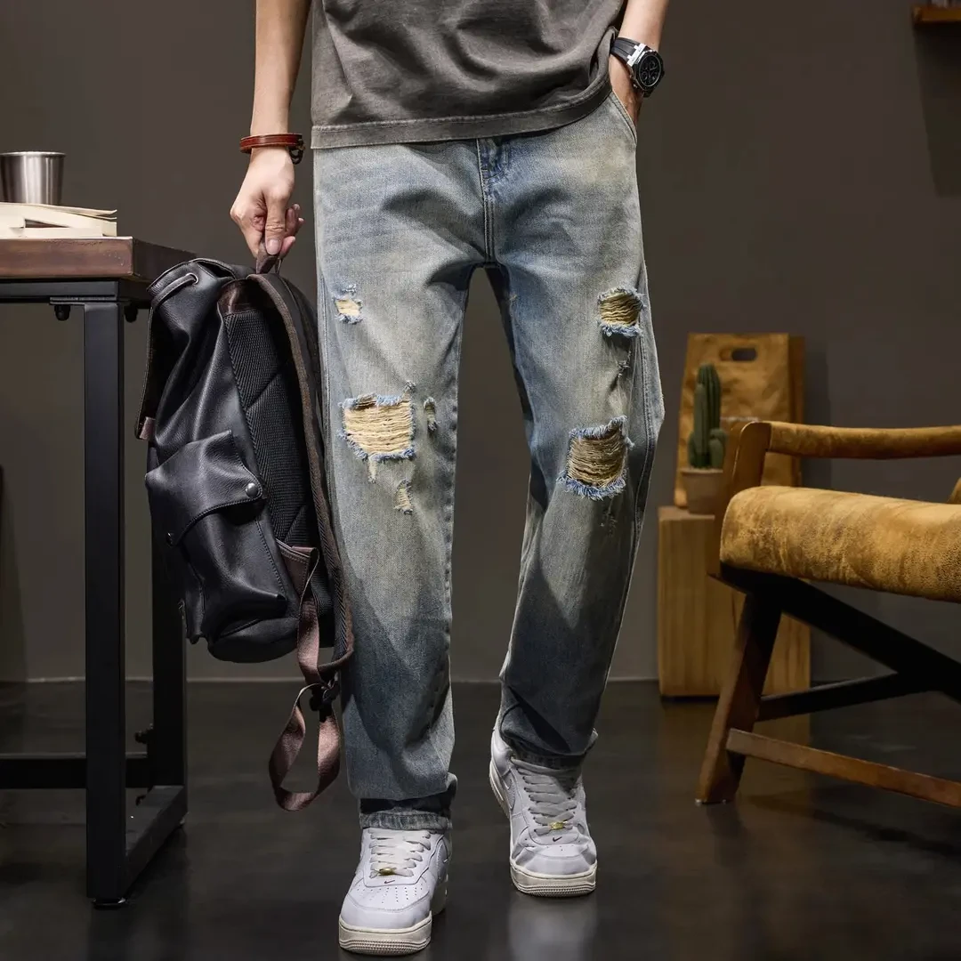 Cebrodz高端复古做旧破洞牛仔裤男士夏季2025新款宽松纯棉直筒裤
