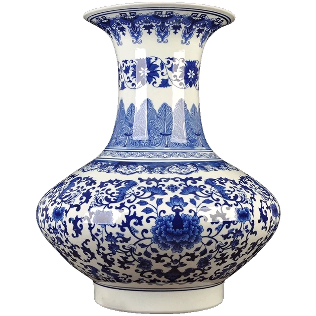 景德镇青花陶瓷扁肚花瓶仿清乾隆手绘缠枝莲新中式客厅装饰品摆件