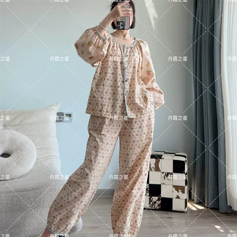 春秋季韩系甜美碎花睡衣套装少女全棉长袖长裤宽松圆领家居服