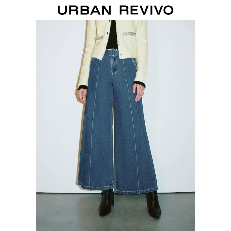 UR2025春季新款女装欧若风复古腰带水洗高腰牛仔长裤UWM850027