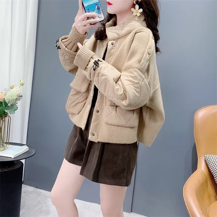 设计感拼接毛衣开衫女棉服2024秋冬季新款韩系慵懒风短款针织外套