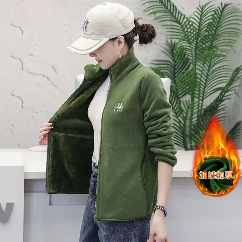 秋冬季新款女士加厚加绒外套休闲运动立领时尚中老年妈妈保暖上衣