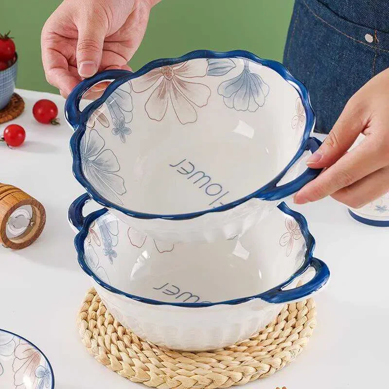 双耳汤碗家用防烫大容量陶瓷釉下彩大号汤盆面碗高颜值新款餐具