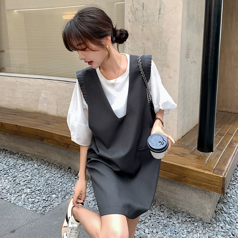 【时岛】今年流行灰色背带裙套装夏季女新款小个子时尚减龄中袖套