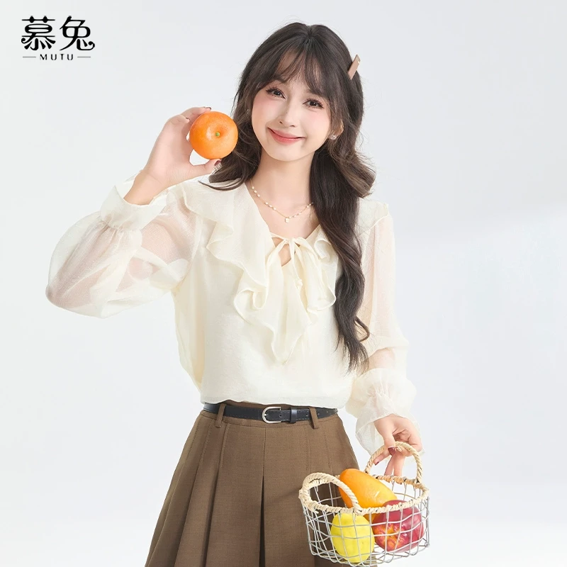 慕兔法式气质V领荷叶边白衬衫女2025春季新款设计感小众长袖上衣