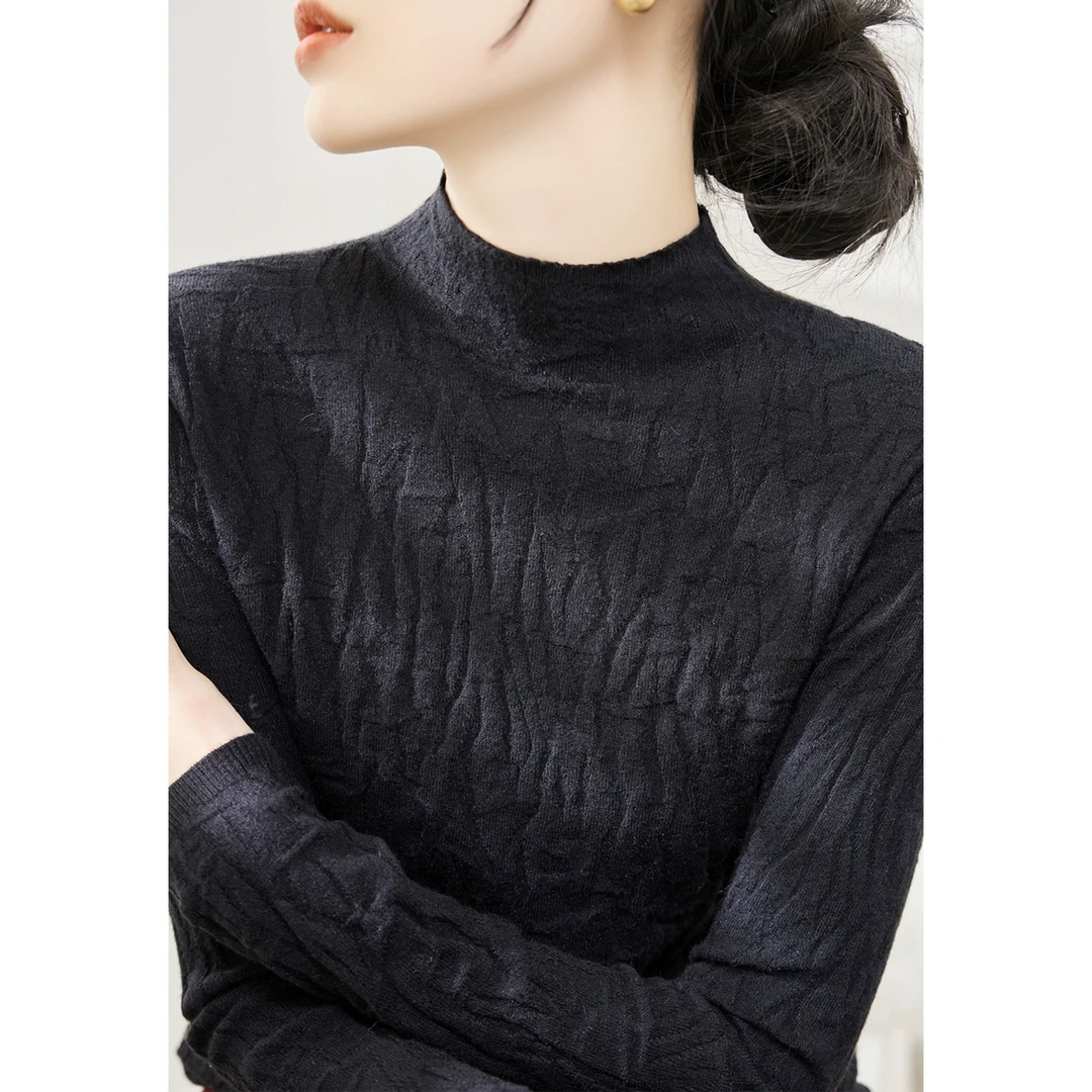 2025年修身肌理感设计长袖打底女装百搭春季半高领针织衫上衣