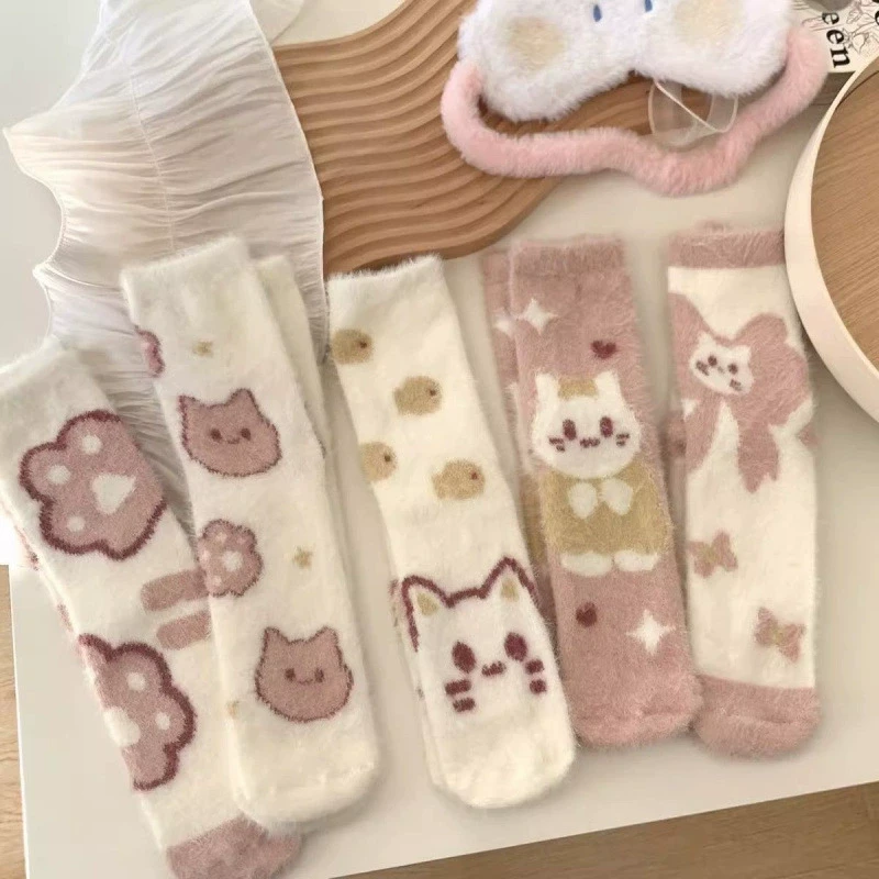 粉色小猫咪袜子女中筒袜秋冬加厚可爱甜美居家降温保暖长袜TTT