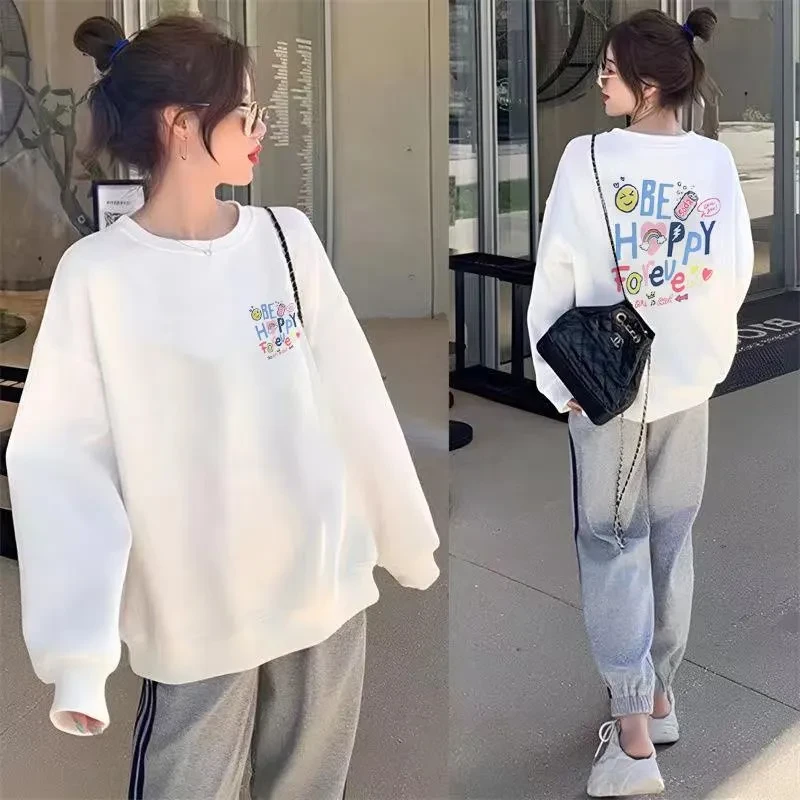 欧货白色时尚字母卫衣女2025秋季新款粉色多巴胺圆领套头大版上衣