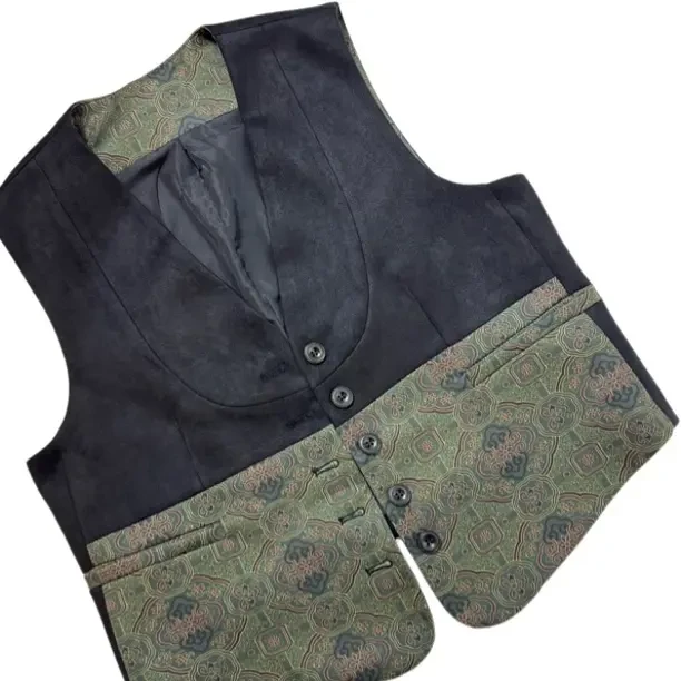 ［米瓯家］修身型绒面拼接舞台休闲民族风V领马甲