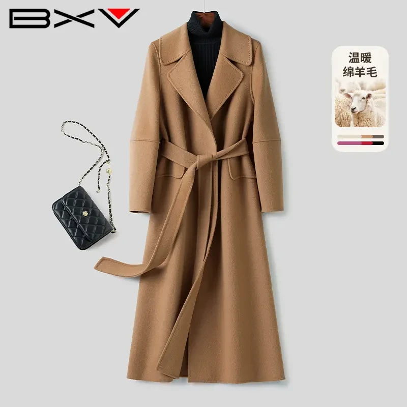 BXV系带双面羊毛大衣女中长款2025秋季新款气质双面羊毛呢外套