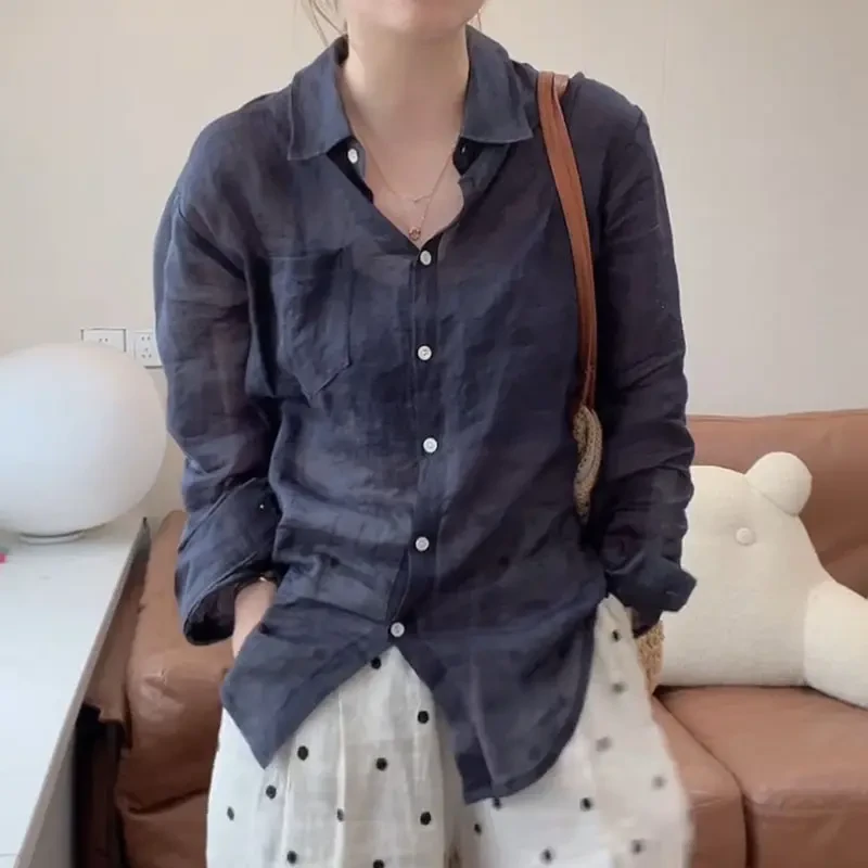 法式复古通勤百搭polo领单排扣休闲小衫女夏季款休闲百搭长袖衬衫