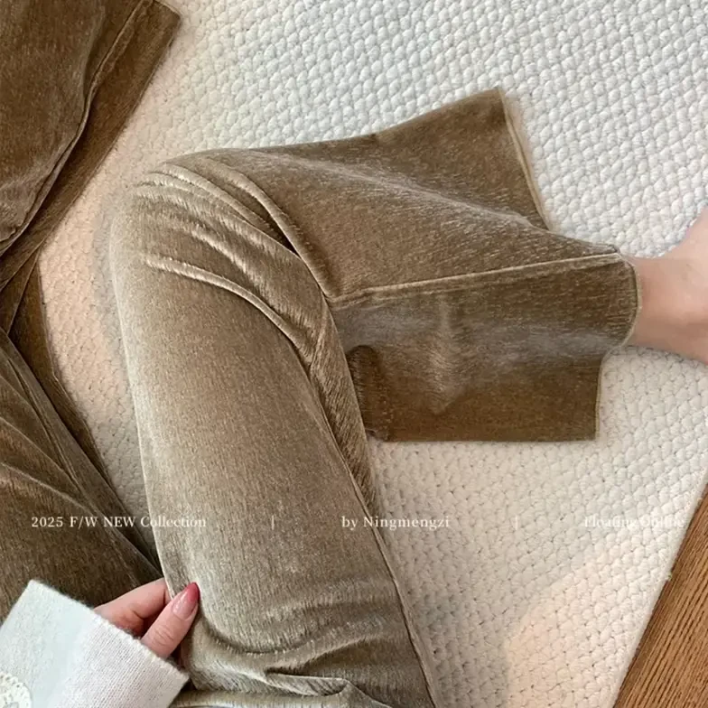 九分浅咖色慵懒丝绒直筒裤女休闲秋冬加绒新款垂感高腰显瘦阔腿裤