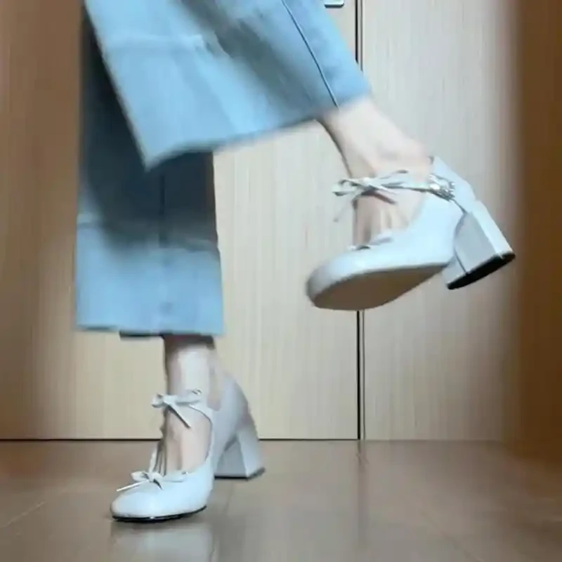 小高级感！法式玛丽珍高跟鞋女夏天配裙子白色蝴蝶结粗跟气质单鞋