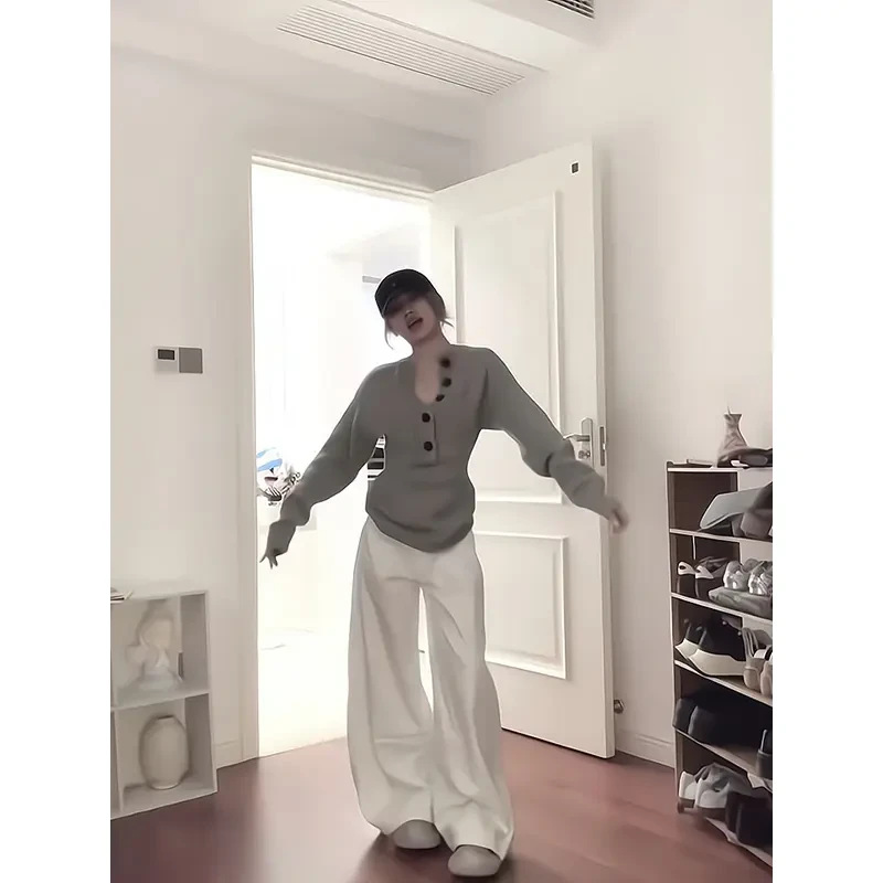 早春季美式慵懒风新款女士灰色长袖针织衫上衣高腰宽松阔腿裤