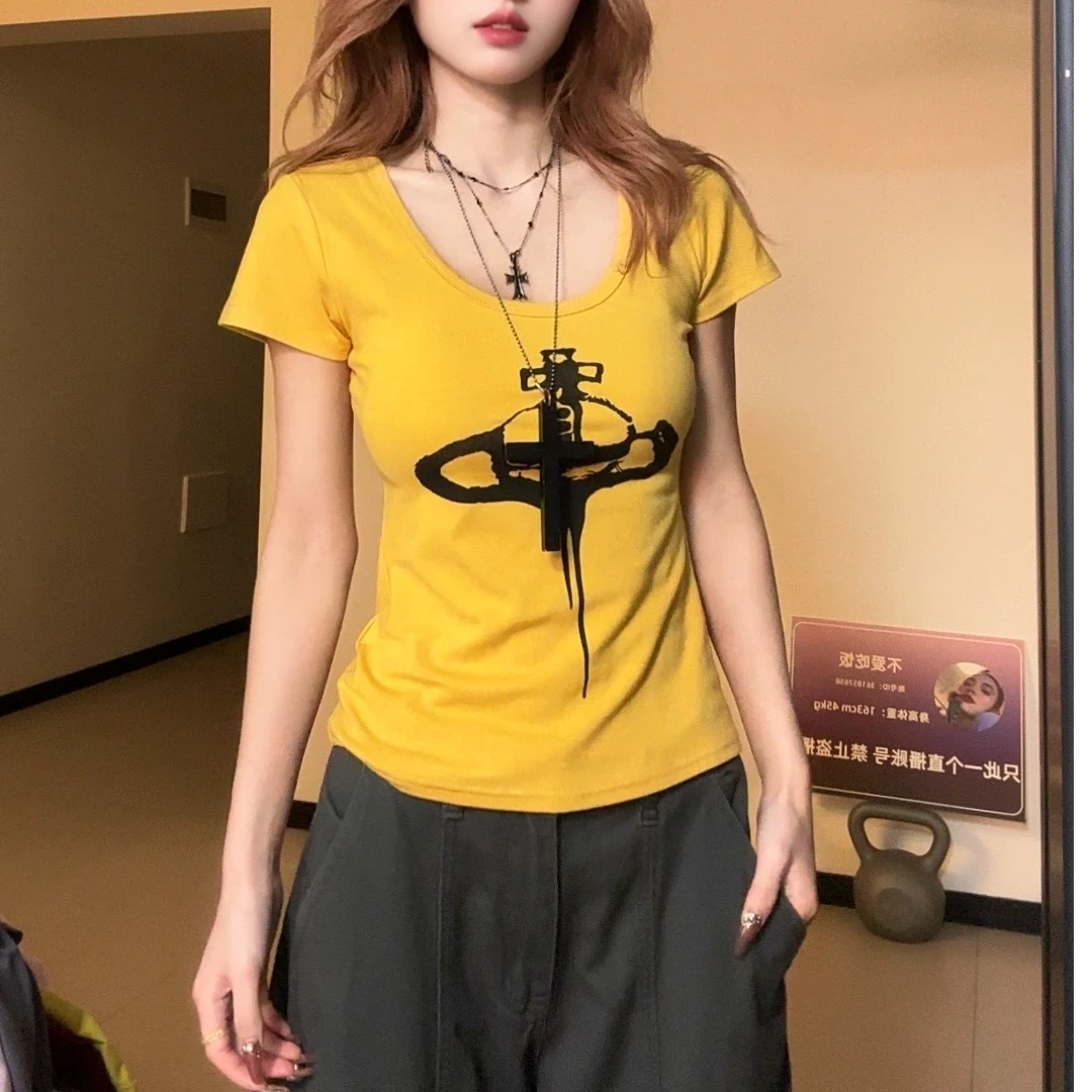 微胖大码美式复古短袖女初夏新款字母印花圆领t恤修身显瘦上衣潮