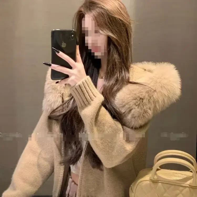 【宽松保暖】加厚宽松秋冬连帽可拆卸毛领针织开衫