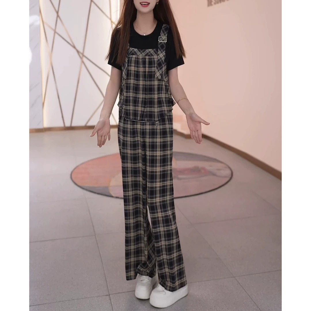 时尚休闲套装女2026夏季新款宽松显瘦假两件格子上衣阔腿裤两件套