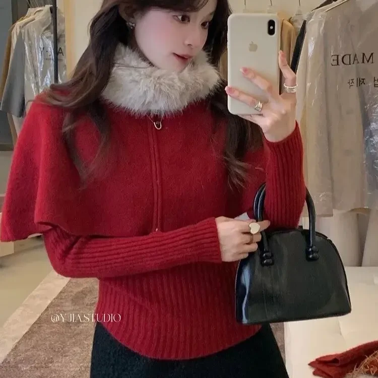 圣诞新年红色毛领斗篷三件套毛衣女秋冬修身显瘦内搭针织衫套装