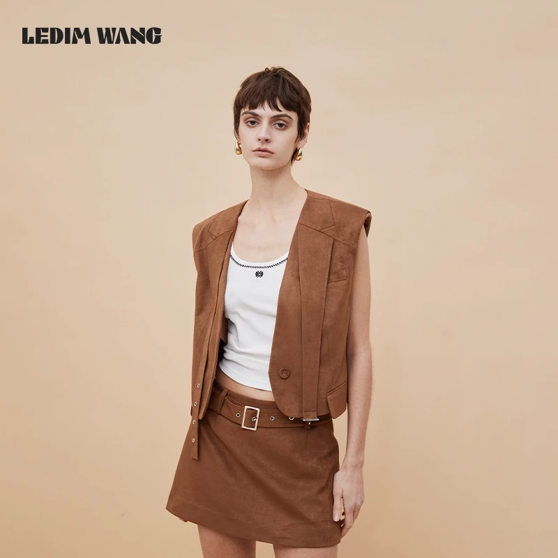 LEDIM WANG复古棕色仿麂皮绒飘带马甲女无袖坎肩外套叠穿上衣短款