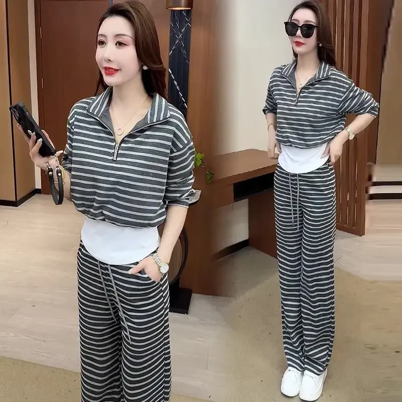 时尚休闲运动套装女2025春季新款洋气假两件条纹卫衣阔腿裤两件套
