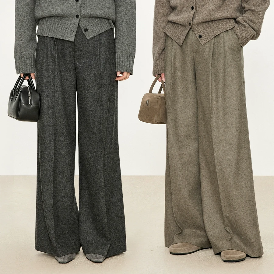 CHICJOC厚垂亲肤法兰绒羊毛_时髦B败慵懒松弛感藏肉双褶阔腿神裤