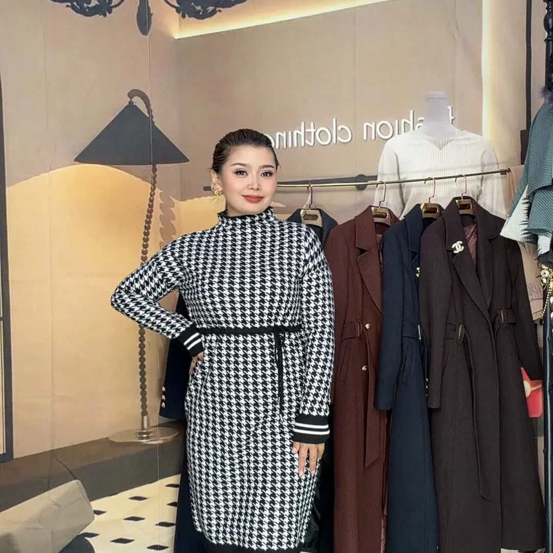 秋冬新款高级感收腰气质千鸟格羊毛连衣裙