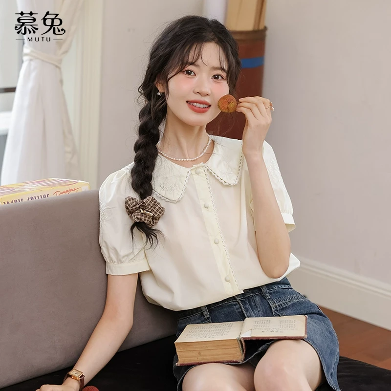 慕兔法式甜美泡泡袖上衣女2024夏季新款小个子宽松设计感小众衬衫